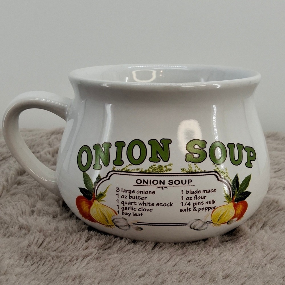 Vtg 1980 Onion Soup Recipe Mug Bowl Cup Ceramic Dat'l DO-IT Inc Cottagecore